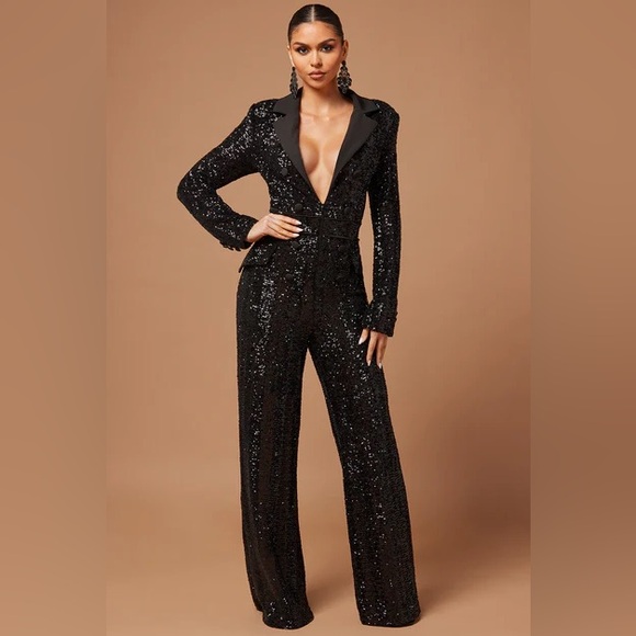 NWT Fashion Nova Luxe Black Paloma Sequin Chic Formal Celeb Jumpsuit Medium M - Picture 1 of 11